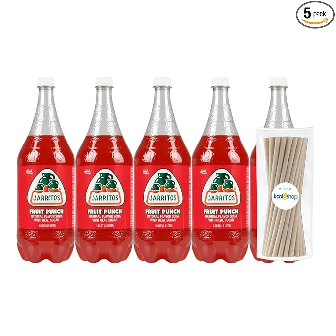 Jarritos Fruit Punch Mexican Soft Soda Drink 1.5 Lt Plastic Bottles 5 Pack + 15 Sugarcane Disposable Straws by KOOL8SHOP Infinite Deals