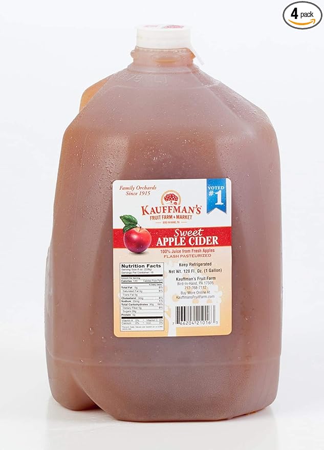 Kauffman's Fruit Farm Orchards Homemade Fresh-Pressed Apple Cider Frozen for Shipping 0.9 Gallon (Pack of 4)