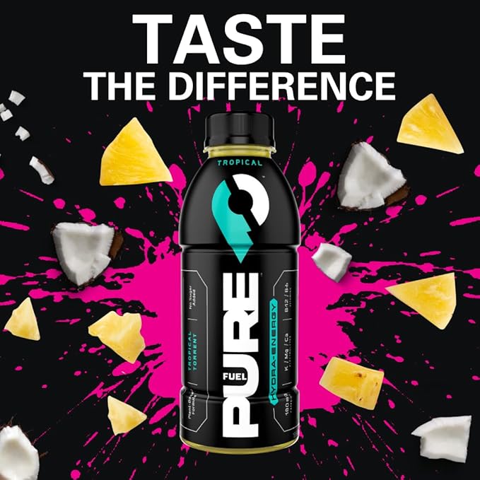Pure Fuel Healthy Energy Drinks Tropical Torrent - Sports Drinks - Plant Based - 180mg Natural Caffeine - 12pk x 16.9 fl oz