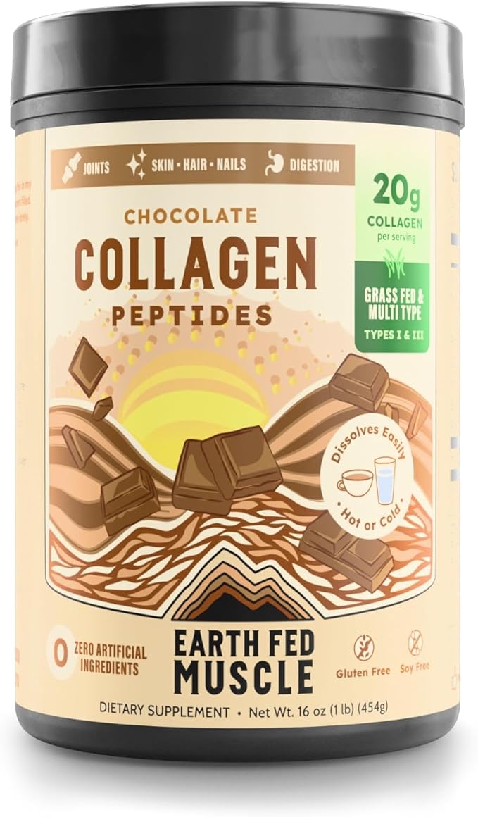 Earth Fed Muscle Chocolate Collagen Peptides Powder – Grass Fed Hydrolyzed Collagen for Women &amp Men - Healthy Bones Skin &amp Hair - Types 1 &amp 3 Collagen Powder 20g Per Serving 19 Servings