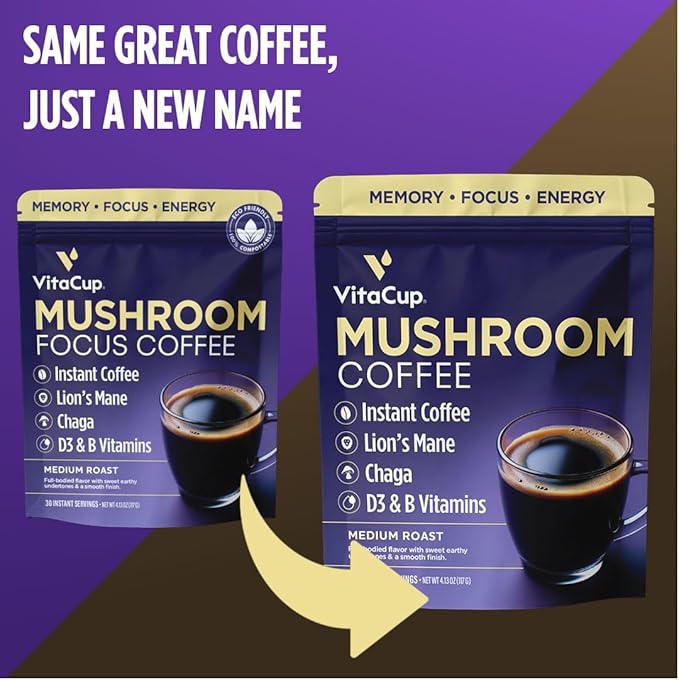 VitaCup Mushroom Instant Coffee | For Memory &amp Clarity Support | with Fiber Chaga Lion’s Mane | D3 &amp B Vitamins | Medium Roast 100% Arabica &amp Robusta Instant Coffee | 30 Servings