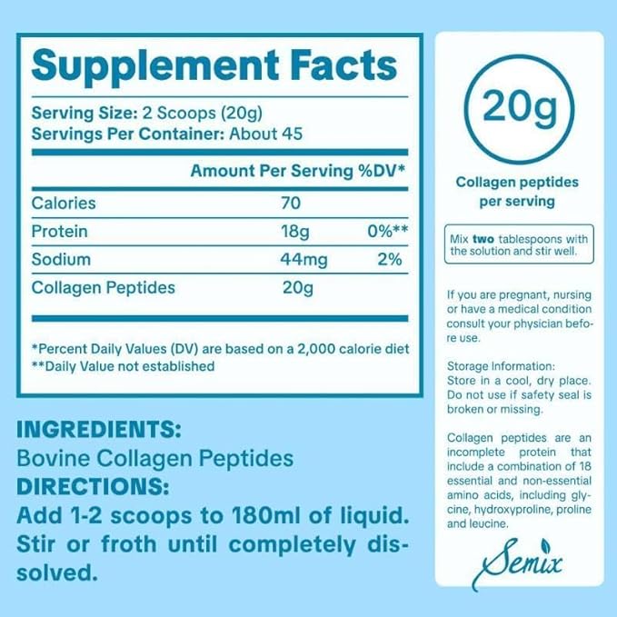 Semix Collagen Peptides Powder - Naturally-Sourced Hydrolyzed Collagen Powder - Hair Skin Nail and Joint Support - Collagen Supplements for Women and Men - 1 lb(22 Servings)