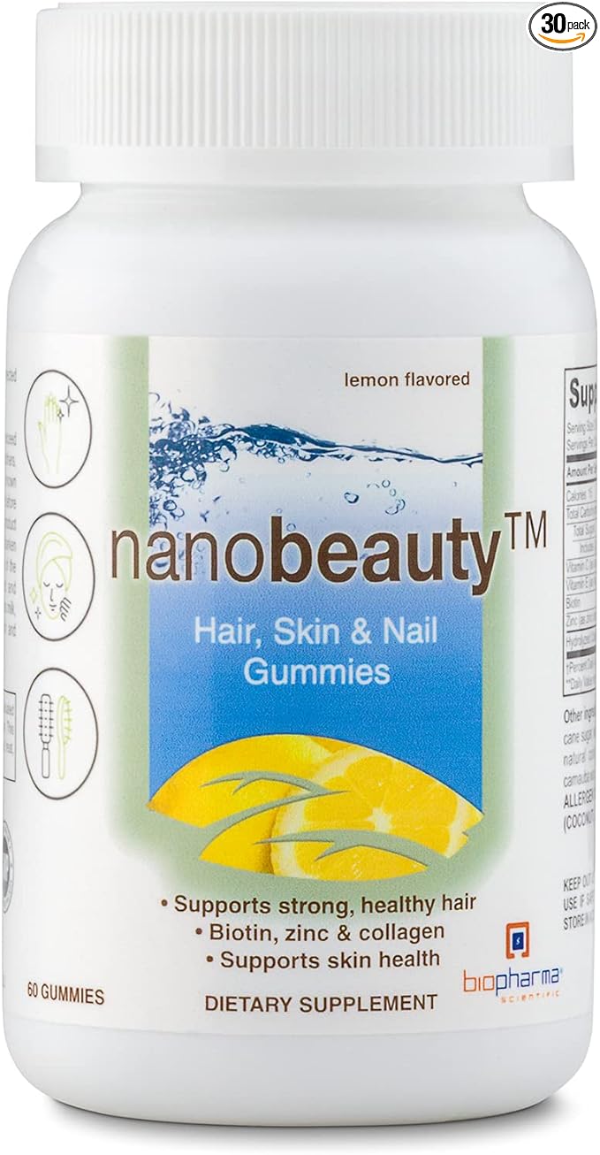 Biopharma Scientific Nanobeauty Gummies | 30 Servings | Hair Skin &amp Nails | Vitamin C Vitamin E Biotin Zinc and Collagen |Lemon Flavor