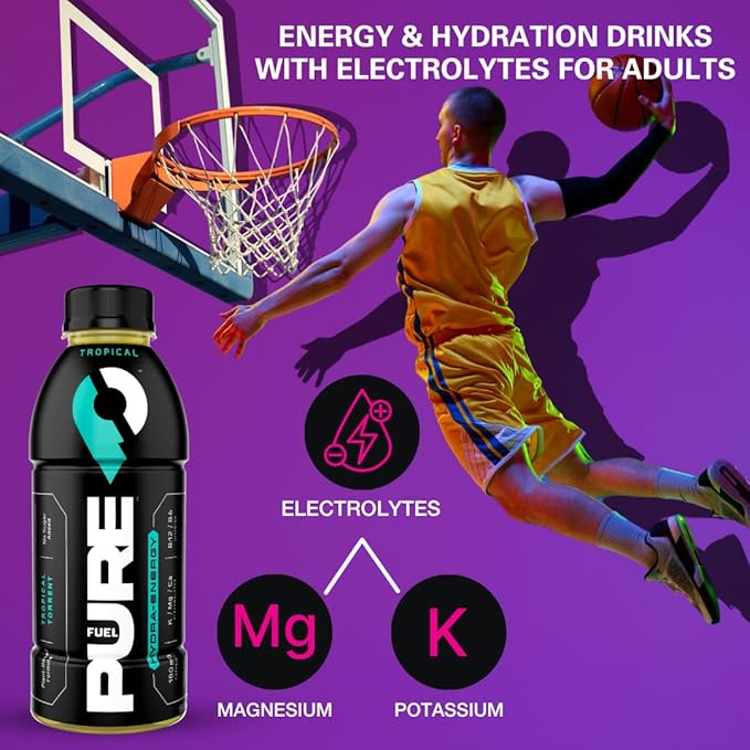 Pure Fuel Healthy Energy Drinks Tropical Torrent - Sports Drinks - Plant Based - 180mg Natural Caffeine - 12pk x 16.9 fl oz