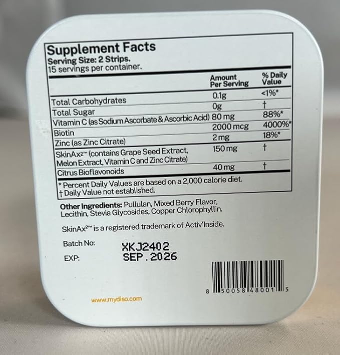DISO - Collagen Boost - Fast-Dissolving Oral Strips Mixed Berry Flavor Vegan Sugar Free Maximum Absorption to Help Produce Collagen Gluten Free Individually Wrapped 30 Dissolable Strips