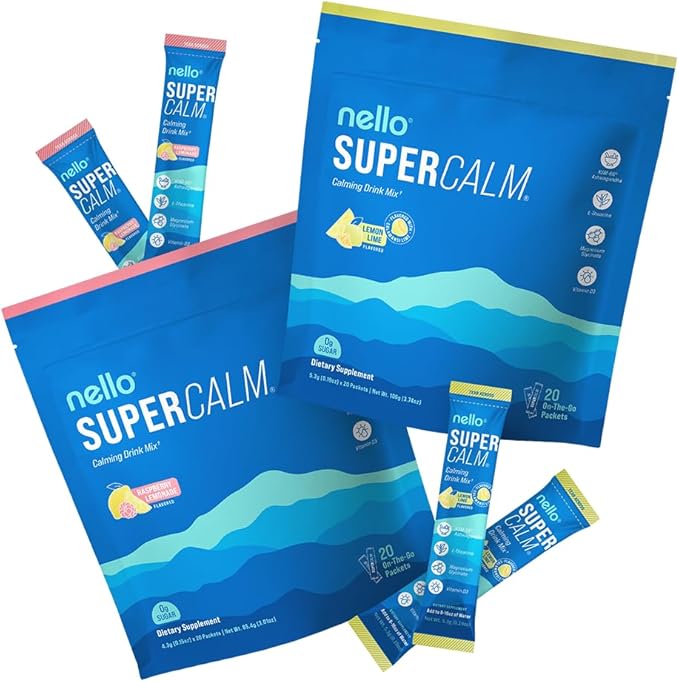 Nello Supercalm Drink Mix - Lemon Lime and Raspberry Lemonade Ashwagandha KSM 66 Magnesium Glycinate &amp L-Theanine Supplement - Focus and Relaxation Support (2 x 20 Travel Packets)