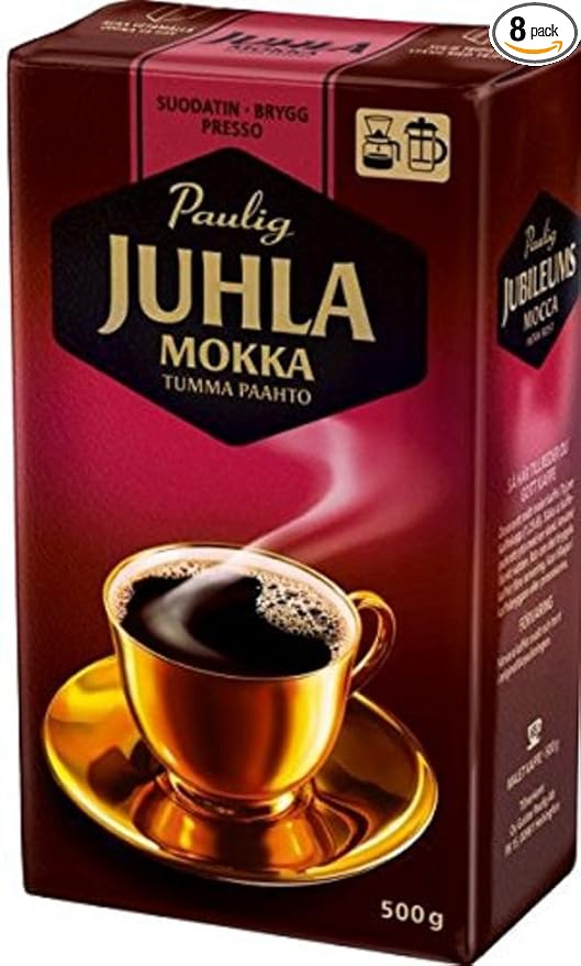 Paulig Juhla Mokka - Dark Roast - Fine Grind - Filter Blend Ground Coffee - Bag 500g (Finland) (8 Bags (Save 30%))