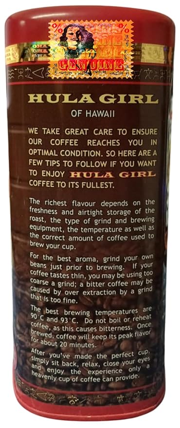 HULA GIRL 100% KONA Roasted Arabica Ground Coffee Medium Roast Net Wt. 10.5 Ounce (0.66Lb) 300 Grams Collector Tin