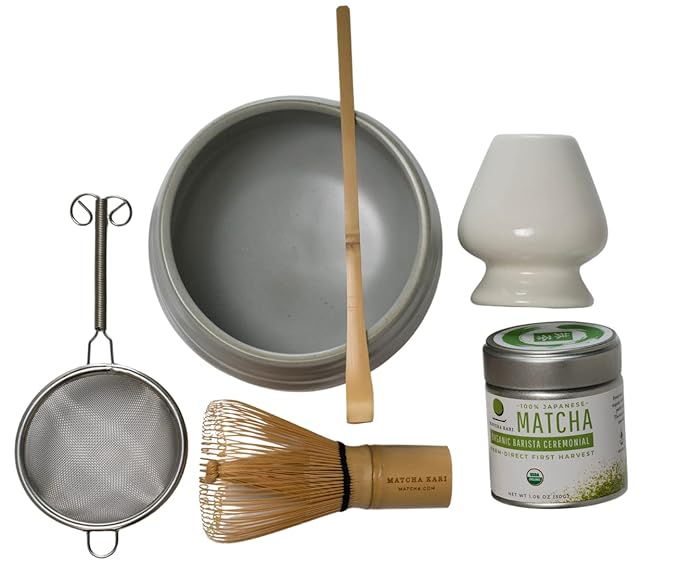 Matcha Kari Dr. Weil Complete Tea Set - White - Japanese Ceremonial Organic Matcha with Whisk and Holder Ceramic Bowl Sifter and Scoop