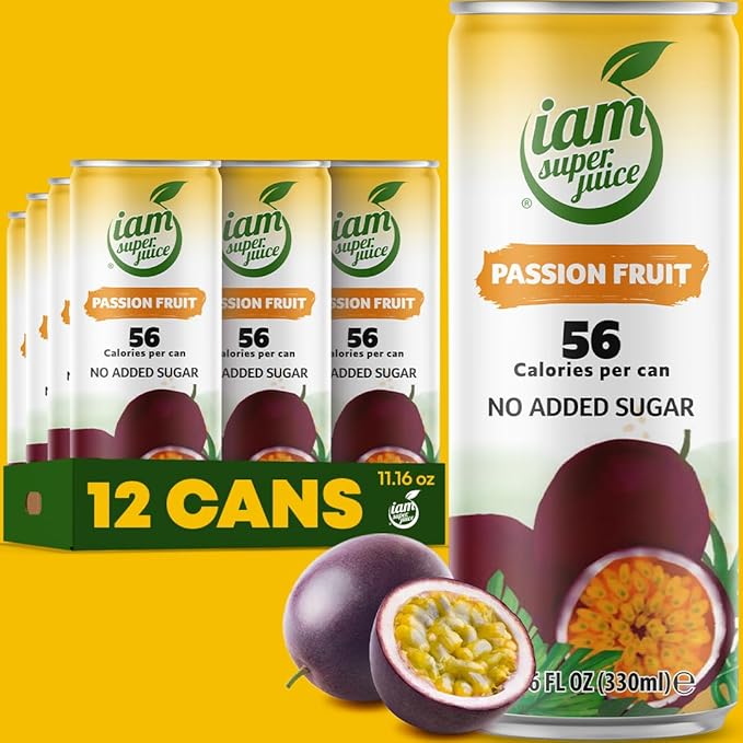 I am Superjuice Passion Fruit - Natural Fruit Juice Drink - Zero Added Sugar - Low in calories (56 per can) - 12 Pack x 11.16 FL OZ