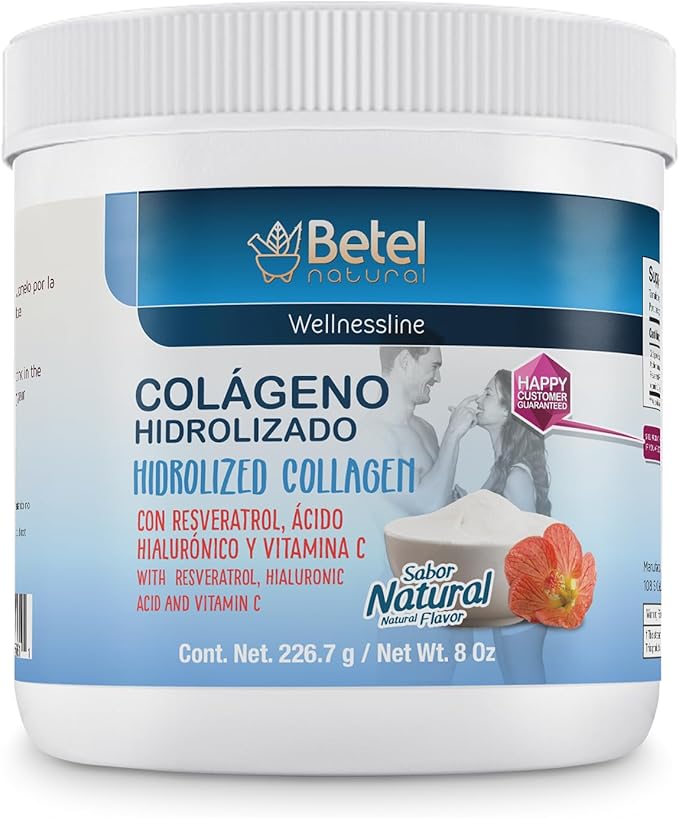 Betel Natural Colágeno Hidrolizado en Polvo con Ácido Hialurónico Resveratrol y Vitamina C – 8 oz | Sabor Natural | Apoyo para Piel Cabello y Uñas | Suplemento Alimenticio de