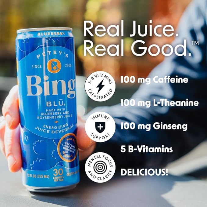 BING BLUEBERRY Energizing Juice Beverage – (12oz/12pk) – Made with REAL Juice! Only 2g added Sugar Low Calorie L-Theanine 5 B-Vitamins &amp Ginseng 125 mg Caffeine Vegan Gluten + Dairy Free. DE
