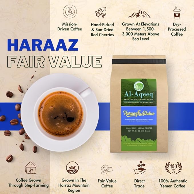 Al-Aqeeq Whole Bean Yemen Coffee Haraaz Region | Specialty Organic Arabica Coffee | Low Acid Medium Roast | Freshly Roasted Fair Value