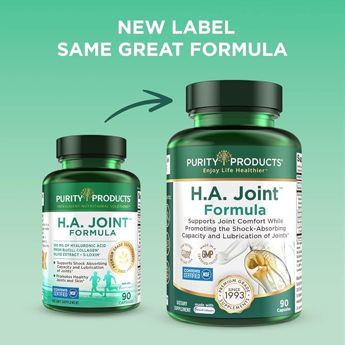 Purity Products HA Joint Formula Hyaluronic Acid + Key CoFactors - Joint + Skin Multi Collagen (Type I II &amp III) - 5-Loxin - Olive Fruit Extract - Joint Flexibility + Mobility - 90 Capsules (3)