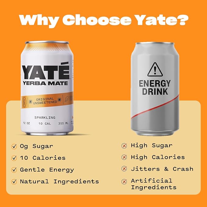 Yate Sparkling Yerba Mate - Unsweetened Organic Yerba Mate Drink with Zero Sugar &amp 10 Calories for Daily Energy - A Smooth Healthy Energy Drink with Antioxidants &amp Plant-Based Ingredients - 1