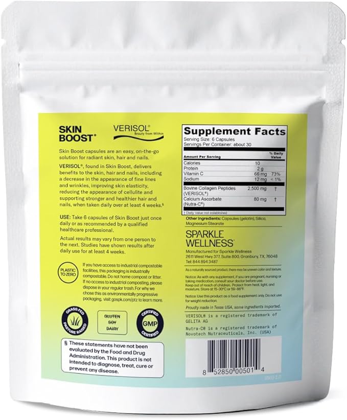 Sparkle Wellness Skin Boost Collagen Capsules (180 Pills) | 30 Days of 2500mg VERISOL Collagen Peptides &amp Vitamin C | Improves Skin Elasticity &amp Appearance of Fine Lines | Strengthens Hair &am
