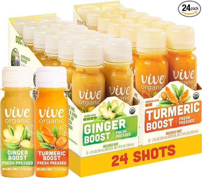Vive Organic Immune Support Ginger Shot + Turmeric Shot Variety Pack Cold-Pressed Ginger Root &amp Turmeric Gluten Free Vegan Immunity Booster 2 Fl Oz (Pack of 24)