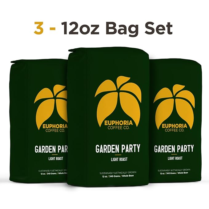 EUPHORIA COFFEE CO. Garden Party Whole Bean Coffee - Light Roast | 12oz Bag (3 Pack)