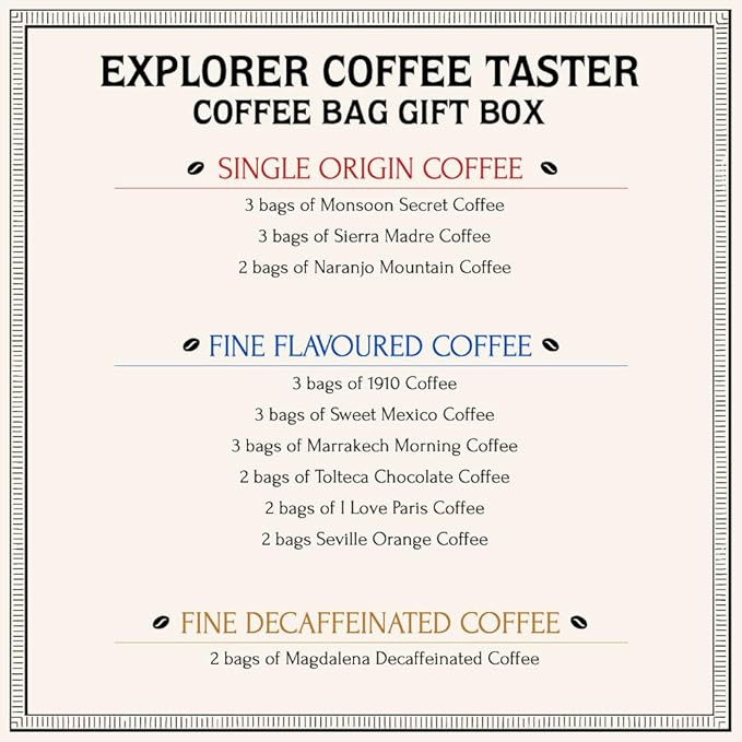 Bacha Coffee | Assorted EXPLORER Coffee Taster 100% Arabica Specialty Coffee Beans x25 Individually Wrapped Single Serve Filter Bags