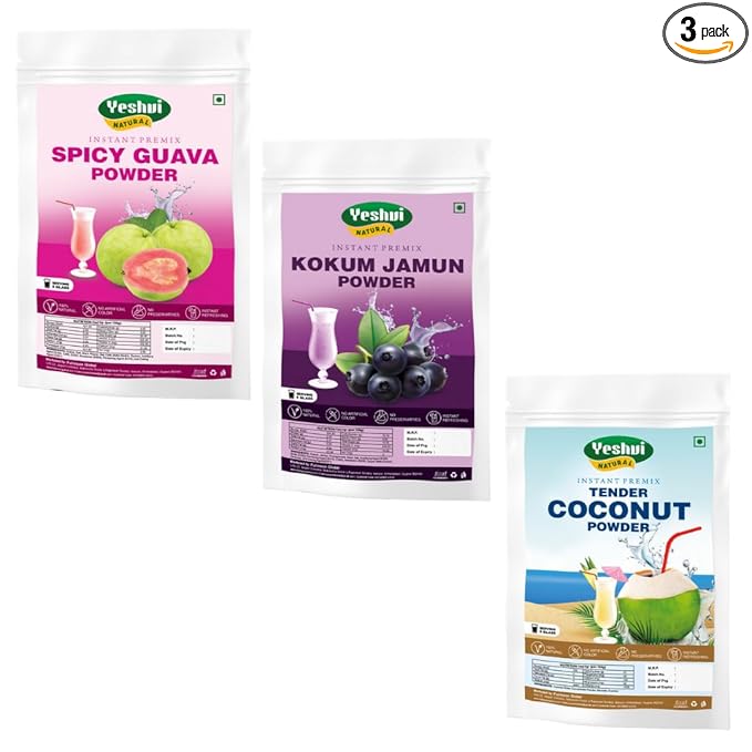 Yeshvi NATURAL Spicy Guava Powder &amp Kokum Jamun Fruit Juice Powder With Tender Coconut Water Powder Combo Pack Instant Drink Mix Powder Easy to Make Beverage 300gm
