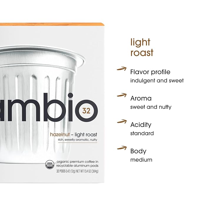 Cambio Roasters Hazelnut Light Roast Organic Coffee Pods - The Only Organic Recyclable Aluminum Coffee Pods Small Batch Roasted Keurig® Compatible Nutty Flavor &amp Longer Lasting Freshness 60 Co
