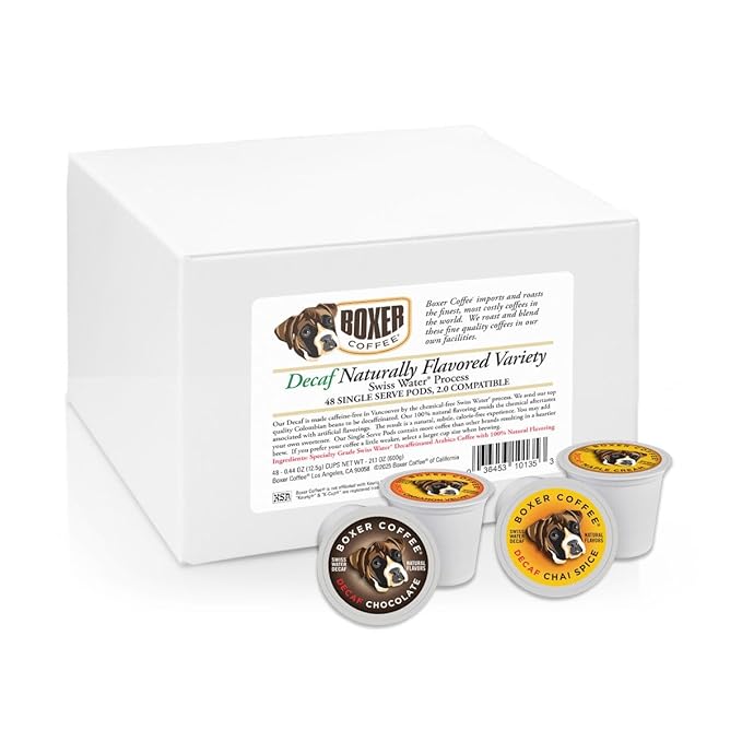 Boxer Coffee 48 Count Decaf Coffee Pods – Swiss Water Process Medium Roast Variety Pack Compatible with Keurig K-Cup Brewers Single-Serve Cups Gourmet Artisan All-Natural Flavors