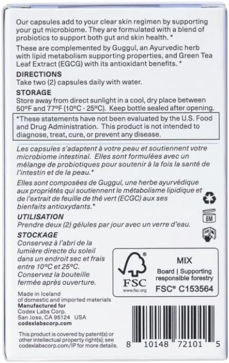 Codex Labs Shaant Clear Skin Supplement – 60 Vegan Capsules | Acne Probiotics with 9-Strain Blend Green Tea EGCG &amp Guggul – Daily Support for Acne-Prone Skin &amp Clear Complexion