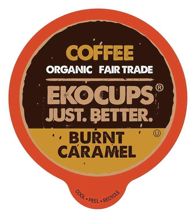 EKOCUPS Organic Burnt Caramel Flavored Coffee Pods Extra 30% More Coffee Per Cup Artisan Fair Trade Dark Roast Carmel Coffee for Keurig K Cup Machines Recyclable Pods 40 Count