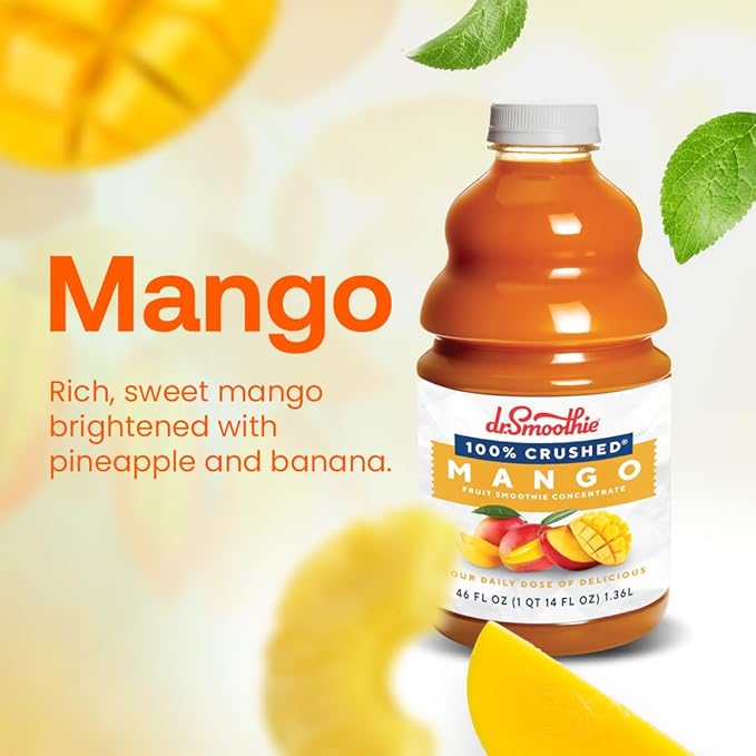 Dr. Smoothie 100% Crushed Mango – No Added Sugar Made with Real Fruits/Fruit Juice – Vegan No Artificial Colors or Flavors – Sweet Mango with a Hint of Pineapple &amp Banana – 46 oz Bottle