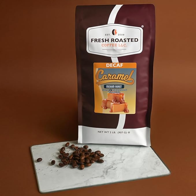 Fresh Roasted Coffee Decaf Caramel Flavored Coffee 2 lb (32 oz) Medium Roast Kosher Ground