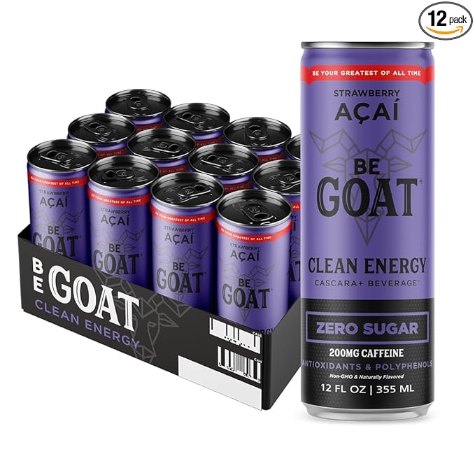 BeGOAT Clean Energy | Strawberry Acai Zero Sugar | 6 Ingredients Plant-Based Zero Sugar Non-GMO Vegan | 200mg Natural Caffeine | 12 fl oz Cans (Pack of 12)