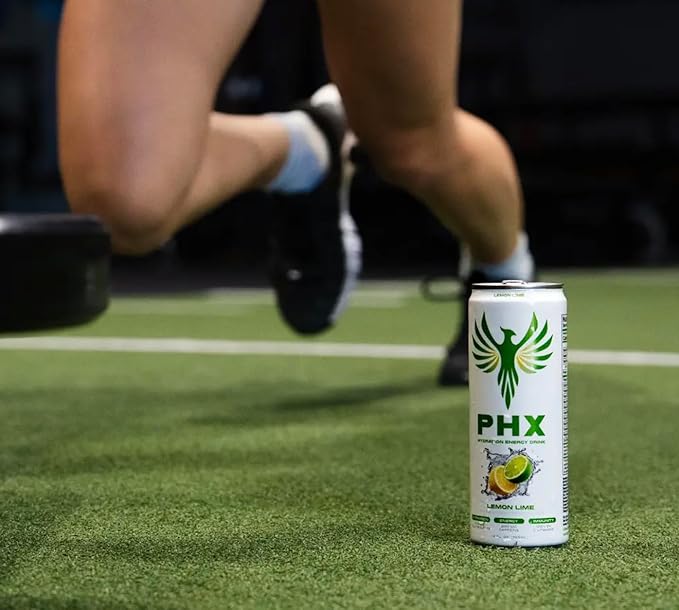 PHX Hydration Energy Drink - 700mg Electrolytes 200mg Natural Green Tea Caffeine 100% Daily Value 8 Essential Vitamins - 12 oz Cans (12 Pack) (12 Pack Lemon Lime)