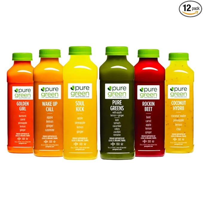 Pure Green Cold Pressed Juice - Variety Pack - Fresh Functional Blend Natural Gluten Free Non-GMO No Artificial Colors or Flavors - Made from Real Fruits &amp Veggies - 16oz (12 Pack)