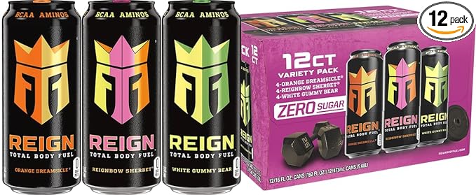 REIGN Total Body Fuel Variety Pack Orange Dreamsicle Reignbow Sherbet White Gummy Bear Fitness &amp Performance Drink 16 Fl Oz (Pack of 12)