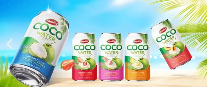 NASAMI Coconut Water Original Flavor Made with Fresh Coconut Water Plant Based - Non GMO Canned Water - Natural Hydration Essential Electrolytes &amp Potassium 11.1 FL OZ Cans Pack of 24