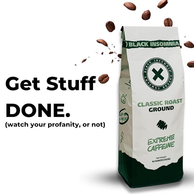 Black Insomnia Extreme Caffeine Coffee - World's Strongest Highly Caffeinated Coffee - Classic Roast Ground Bag &amp Single Serve Cups
