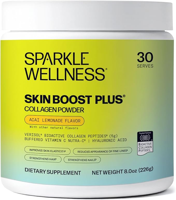 Sparkle Wellness VERISOL Bioactive Hydrolyzed Collagen Peptides | Collagen Powder with Vitamin C &amp Hyaluronic Acid for Hair Skin and Nail Health | Skin Boost Plus (Acai Lemonade) [30-Serves]