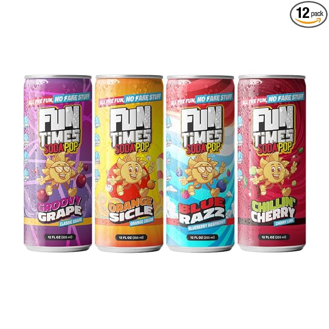 Fun Times Soda Pop Mixed Flavors 12 Pack Orange Sicle Chillin' Cherry Blue Razz Groovy Grape Flavored Drink