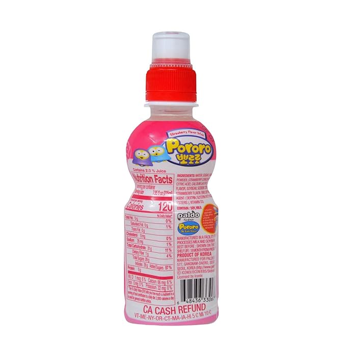 Paldo Fun &amp Yum Pororo Kids Strawberry Flavor Drink Pack of 8 Fruit Juice Drinks with Comfortable Push-Pull Sports Cap Perfect Drink for Children 7.95 fl oz. x 8