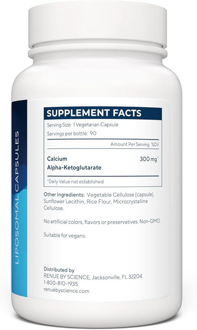 RENUE by SCIENCE CA AKG Supplement | High Strength Liposomal Calcium AKG | 90 Calcium Alpha-Ketoglutarate Capsules - 300mg CA AKG per Serving CA-AKG Supplement | Non-GMO &amp Made in The USA