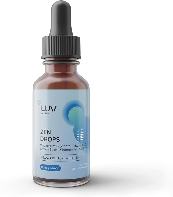 LUV Zen Drops: Anxiety and Stress Support Drops with Magnesium Glycinate Vitamin D3 Lemon Balm Chamomile Saffron L-Theanine. Keto Vegan USA Made Non-GMO 30 Servings (1)