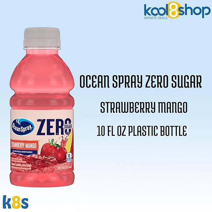Ocean Spray Zero Strawberry Mango Sugar Fruit Juice 10 fl oz 24 Pack + 2 Reusable Snack Bags by KOOL8SHOP Infinite Deals