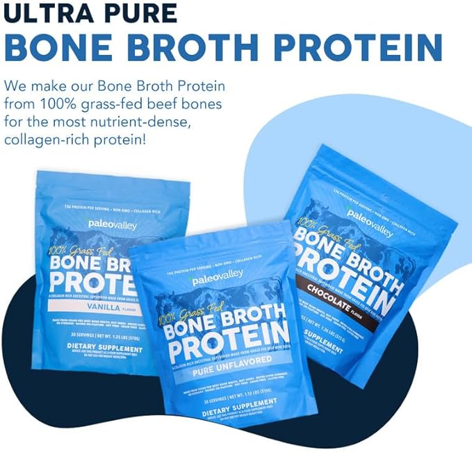 Paleovalley 100% Grass Fed Beef Bone Broth Protein Powder - Rich in Collagen Peptides for Hair Skin Gut Health Bone and Joint Support - 13g Protein Per Serving - No Gluten or GMOs - Vanilla