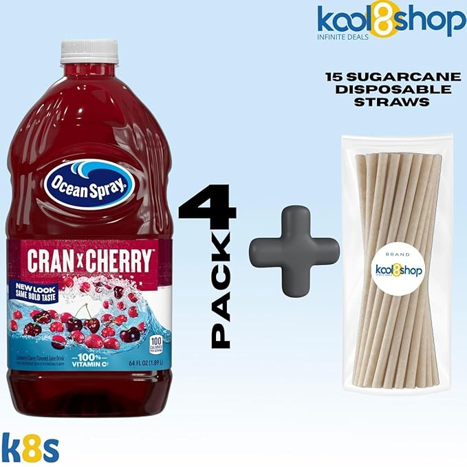 Ocean Spray Cran Cherry Juice Drink 64 fl oz Plastic Bottle 4 Pack + 15 Sugarcane Disposable Straws by KOOL8SHOP Infinite Deals