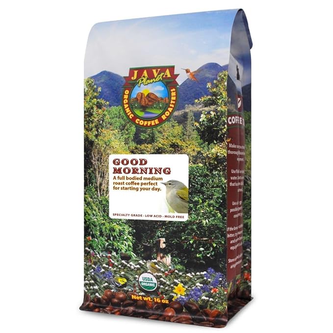 Low Acid Organic Coffee – Whole Bean Mold-Free &amp Stomach Friendly by Java Planet Good Morning Blend Coffee Medium Roast Smooth Full Flavored 1LB Bag