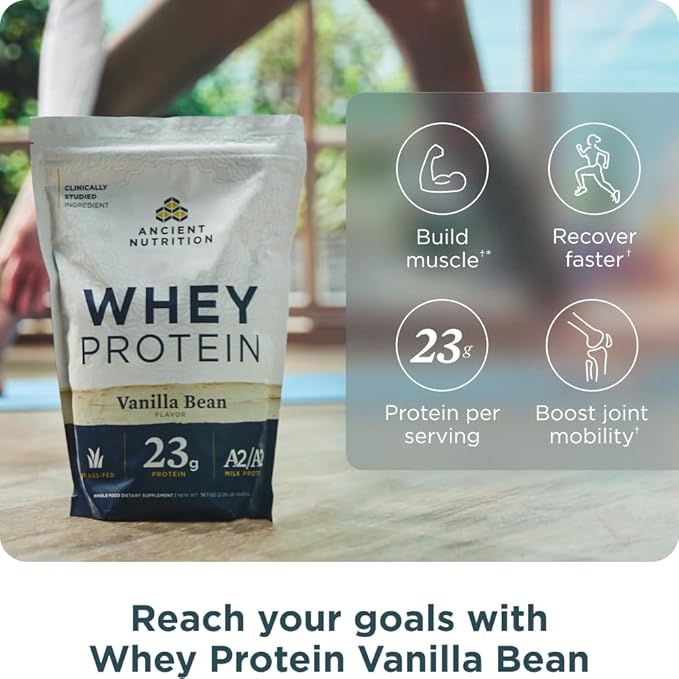 Ancient Nutrition Grass-fed Whey Protein Powder Vanilla Bean 35 Servings + Multi Collagen Protein Peptides Powder Vanilla 60 Servings