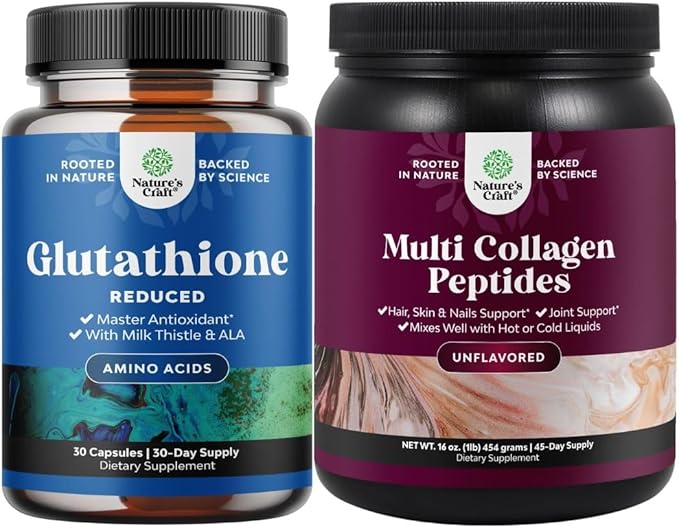 Bundle of Reduced Glutathione Supplement with Milk Thistle - 500 mg per Serving Pure L Glutathione and Multi Collagen Protein Powder - Keto Hydrolyzed Collagen Peptides Hair Skin &amp Nails Vitamins