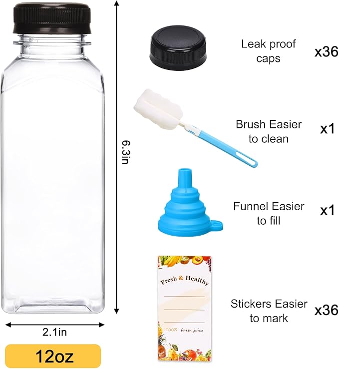 Moretoes 36pcs 12oz Juice Bottles Plastic Bottles with Lids Reusable Clear Containers with Caps for Juices Milk Smoothie and Other Beverages