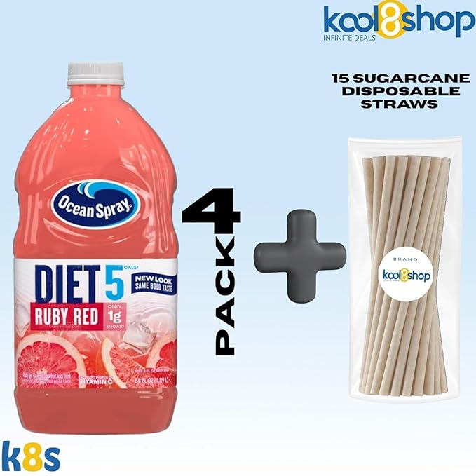 Ocean Spray Diet Ruby Red Juice Drink 64 fl oz Plastic Bottle 4 Pack + 15 Sugarcane Disposable Straws by KOOL8SHOP Infinite Deals
