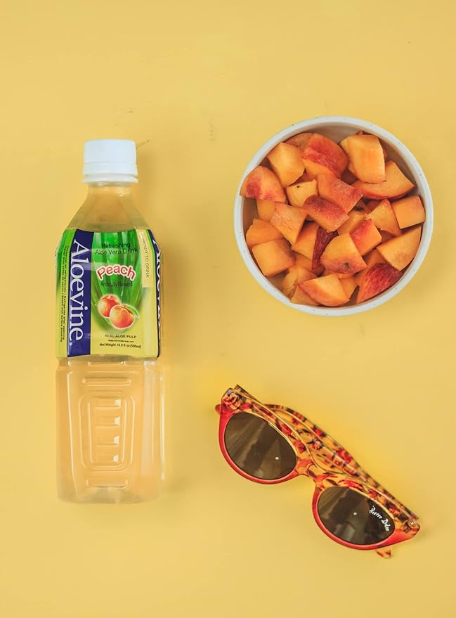 Aloevine Aloe Vera Drink Peach – Drink Aloe Juice with Real Aloe Chunks | Healthy Plant-Based Korean Beverage | Aloe Vera Juice | 16.9 oz Bottles (20 Pack)